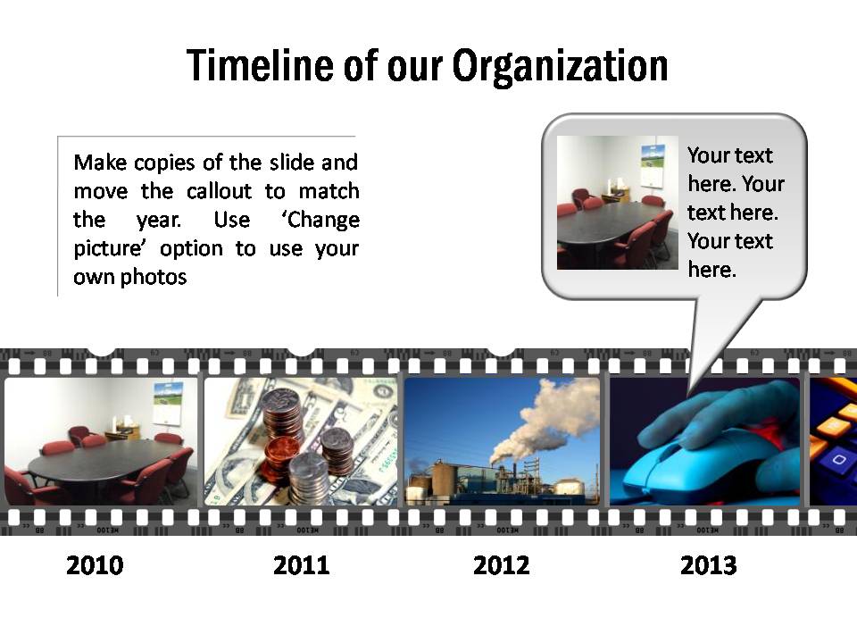 Timeline of an organization with photos displayed in movie strip and with editable callouts.