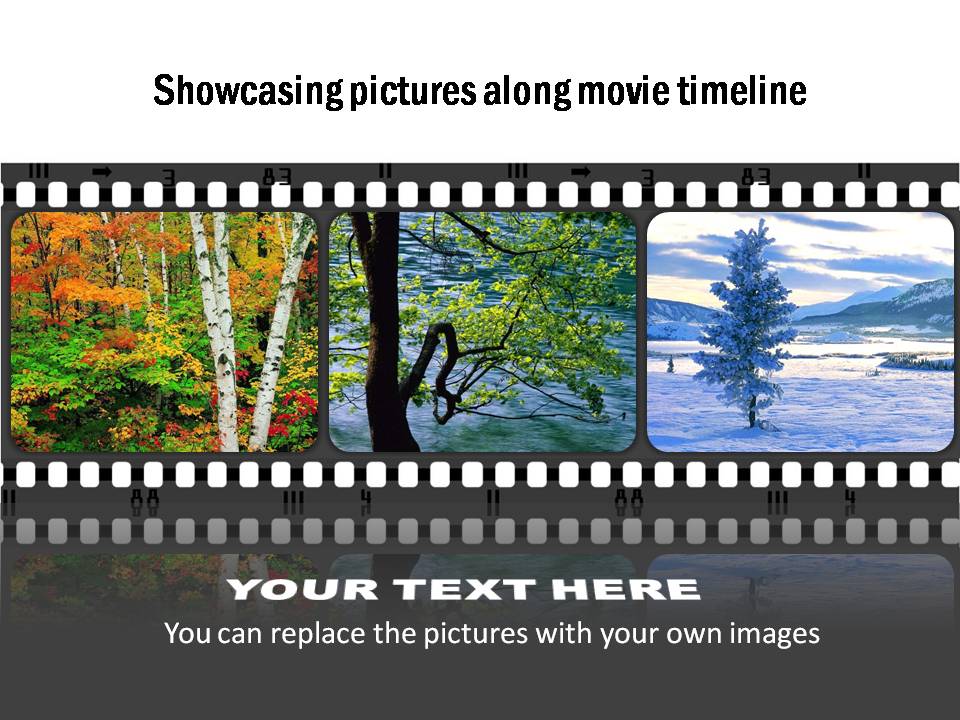 Timeline of an organization with photos displayed in movie strip and with editable callouts.